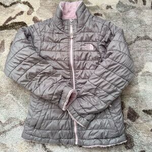 North Face Mossbud Swirl Reversible Jacket Girls Small (7/8) Pink/Gray